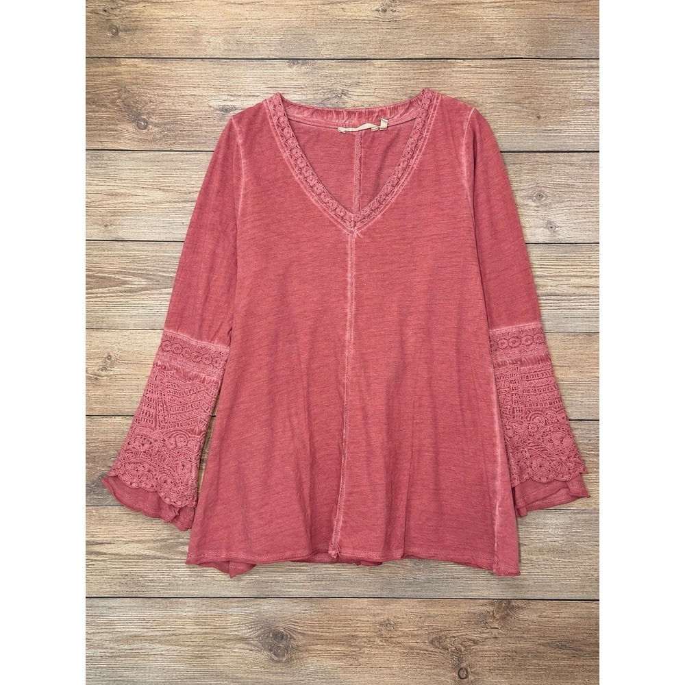 Soft Surroundings Womens Dusty Rose Tunic Top Lace Bell Sleeve V Neck Cotton - Picture 2 of 8